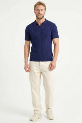 Fitilli Açık Polo Yaka Erkek Triko T-shirt Lacivert - Erkek T-shirt