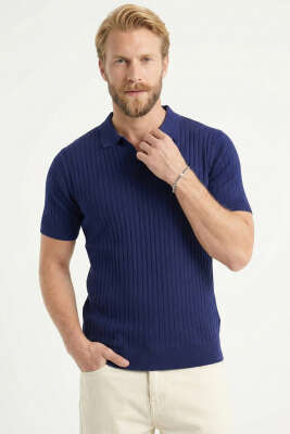 Fitilli Açık Polo Yaka Erkek Triko T-shirt Lacivert - WİPEOUT