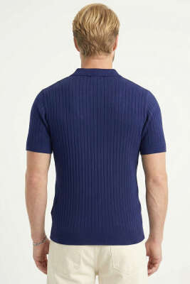 Fitilli Açık Polo Yaka Erkek Triko T-shirt Lacivert - Erkek Triko Tişört