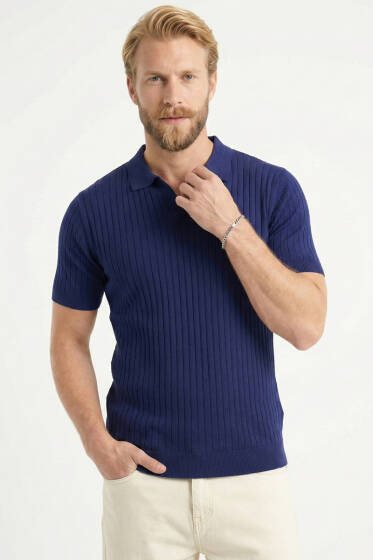 Fitilli Açık Polo Yaka Erkek Triko T-shirt Lacivert - Erkek Triko Tişört