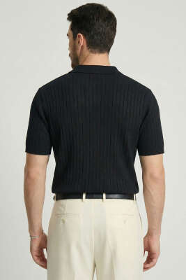 Fitilli Açık Polo Yaka Erkek Triko T-shirt Siyah - Erkek T-shirt