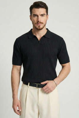 Fitilli Açık Polo Yaka Erkek Triko T-shirt Siyah 