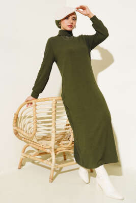 Fitilli Balıkçı Yaka Elbise Haki - Tesettür Elbise