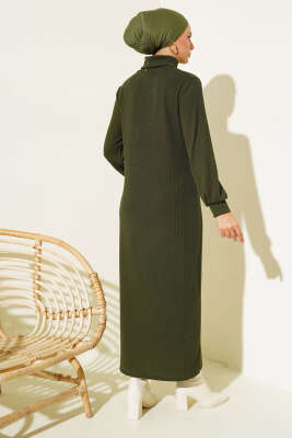 Fitilli Balıkçı Yaka Elbise Haki - Tesettür Elbise