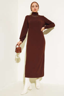 Fitilli Balıkçı Yaka Elbise Kahve - Tesettür Elbise