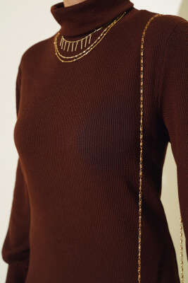 Fitilli Balıkçı Yaka Elbise Kahve - Tesettür Elbise