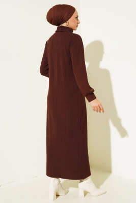 Fitilli Balıkçı Yaka Elbise Kahve - Tesettür Elbise