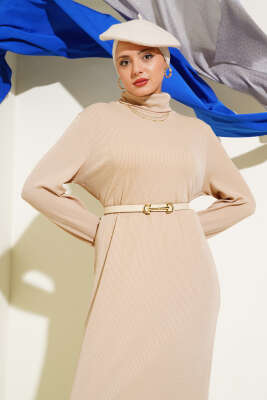 Fitilli Balıkçı Yaka Elbise Latte - Tesettür Elbise