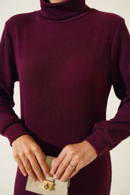 Fitilli Balıkçı Yaka Elbise Mürdüm - Tesettür Elbise