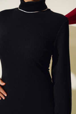 Fitilli Balıkçı Yaka Elbise Siyah - Tesettür Elbise