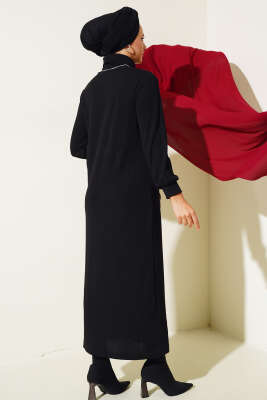 Fitilli Balıkçı Yaka Elbise Siyah - Tesettür Elbise