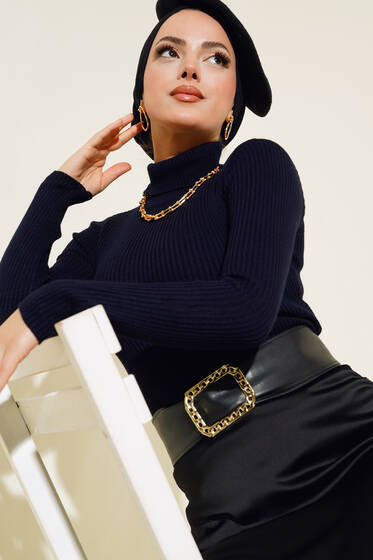 Fitilli Balıkçı Yaka Kazak Lacivert - Kazak