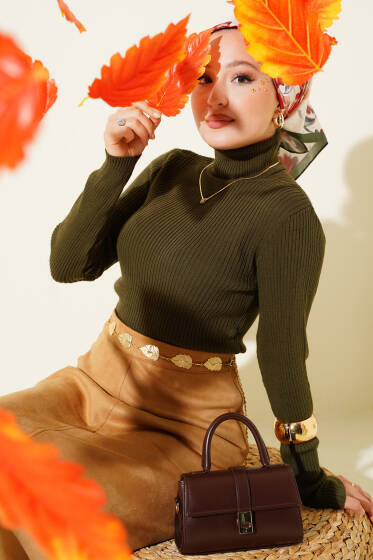 Fitilli Balıkçı Yaka Triko Kazak Haki - Triko Kazak