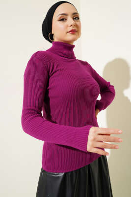 Fitilli Balıkçı Yaka Triko Kazak Mor