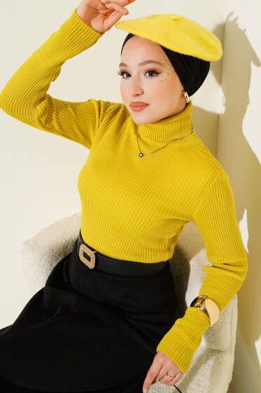 Fitilli Balıkçı Yaka Triko Kazak Sarı - Triko Kazak
