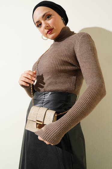 Fitilli Balıkçı Yaka Triko Kazak Sütlü Kahve - Triko Kazak