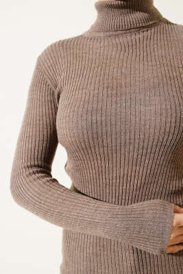 Fitilli Balıkçı Yaka Triko Kazak Vizon - Triko Kazak