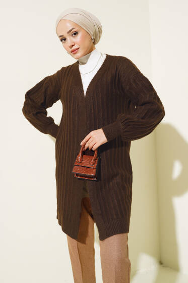 Fitilli Balon Kol Triko Hırka Acı Kahve - Hırka