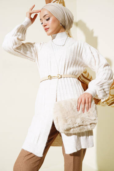 Fitilli Balon Kol Triko Hırka Bej - Hırka