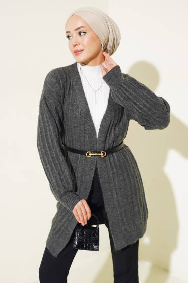 Fitilli Balon Kol Triko Hırka Füme - Hırka