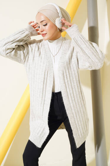 Fitilli Balon Kol Triko Hırka Gri - Hırka