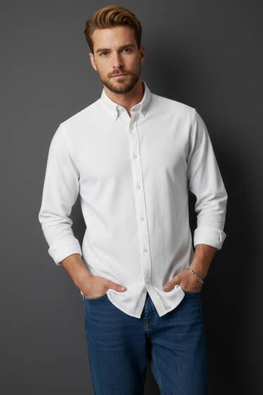 Fitilli Basic Erkek Gömlek Beyaz - Erkek Gömlek