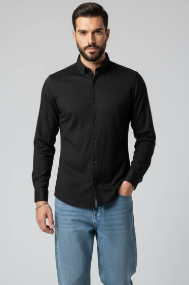 Fitilli Basic Erkek Gömlek Siyah - Erkek Gömlek
