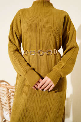 Fitilli Basic Triko Elbise Yağ Yeşili - Elbise