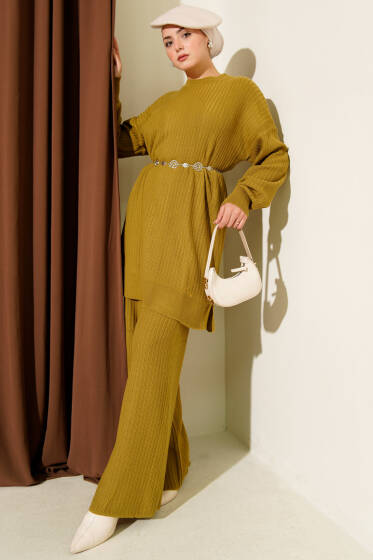 Fitilli Basic Triko İkili Takım Yağ Yeşili - İkili Takım