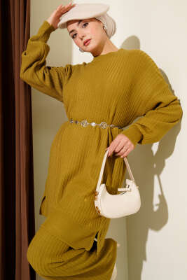 Fitilli Basic Triko İkili Takım Yağ Yeşili - İkili Takım