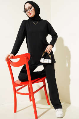 Fitilli Basic Tunik İkili Takım Siyah 