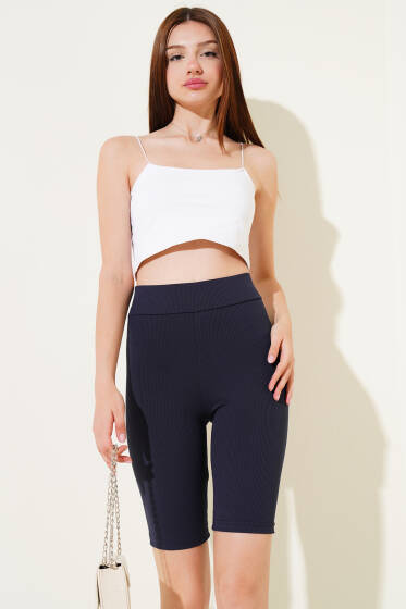 Fitilli Bel Lastikli Kısa Tayt Lacivert - Kadın Giyim Modelleri