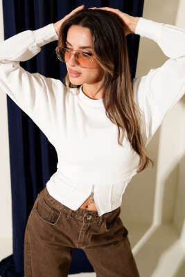 Fitilli Bisiklet Yaka İkili Bluz Beyaz 