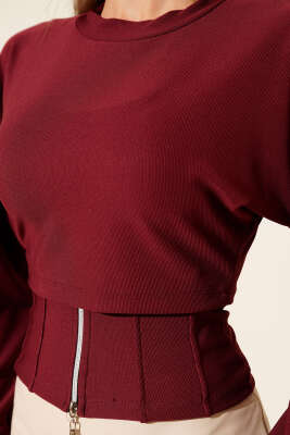 Fitilli Bisiklet Yaka İkili Bluz Bordo - Yılın Fırsatı