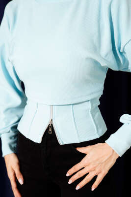 Fitilli Bisiklet Yaka İkili Bluz Mavi - Kadın Giyim Modelleri