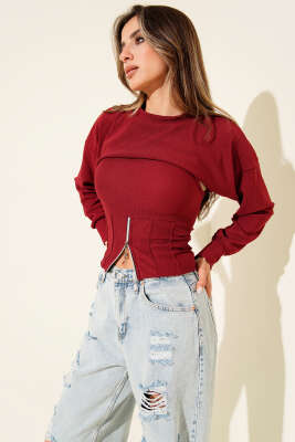 Fitilli Bisiklet Yaka İkili Bluz Vişne - Yılın Fırsatı