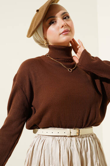 Fitilli Boğazlı Triko Kazak Kahve - Triko Kazak