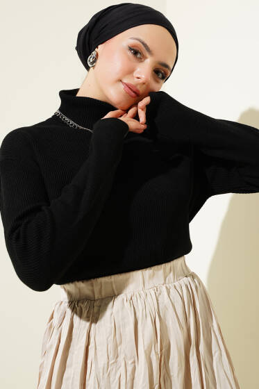 Fitilli Boğazlı Triko Kazak Siyah - Triko Kazak