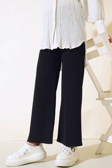 Fitilli Bol Paça Pantolon Siyah - Pantolon