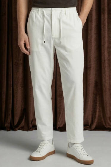 Fitilli Çıtçıtlı Erkek Pantolon Beyaz - Erkek Pantolon