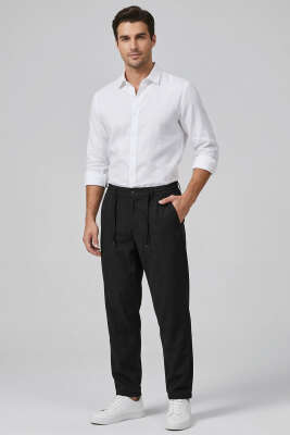 Fitilli Çıtçıtlı Erkek Pantolon Siyah - Erkek Pantolon