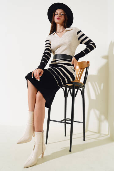 Fitilli Çizgili Kemerli Triko Midi Elbise Bej - Triko