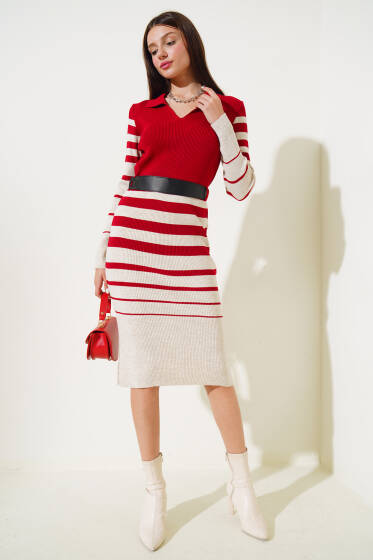 Fitilli Çizgili Kemerli Triko Midi Elbise Kırmızı - Triko
