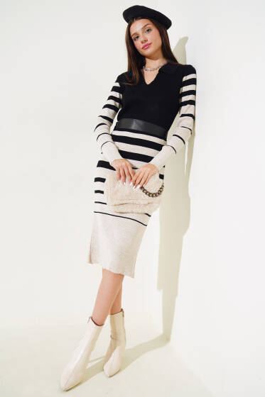 Fitilli Çizgili Kemerli Triko Midi Elbise Siyah - Triko