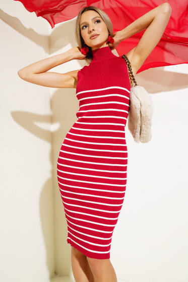 	 Fitilli Çizgili Midi Triko Elbise Kırmızı - Triko