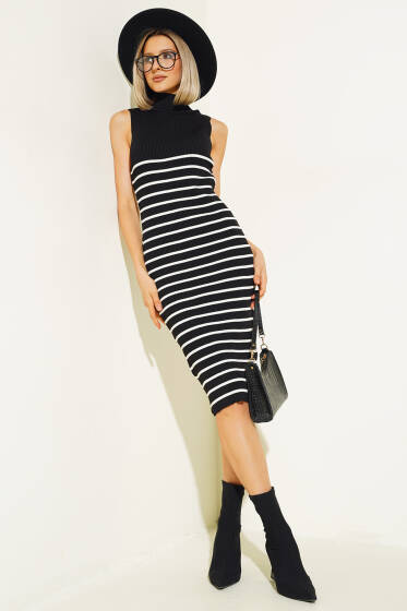 Fitilli Çizgili Midi Triko Elbise Siyah - Triko