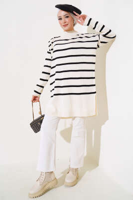 Fitilli Çizgili Salaş Triko Tunik Bej - Triko Tunik