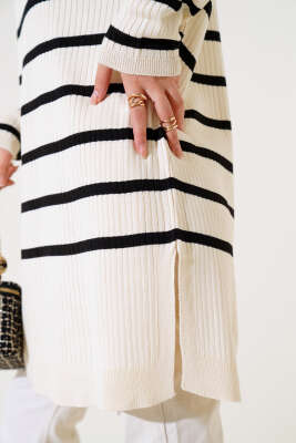 Fitilli Çizgili Salaş Triko Tunik Bej - Triko Tunik