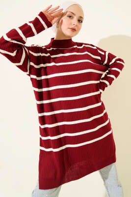 Fitilli Çizgili Salaş Triko Tunik Bordo 