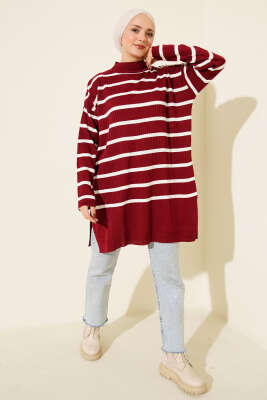 Fitilli Çizgili Salaş Triko Tunik Bordo - Tunik